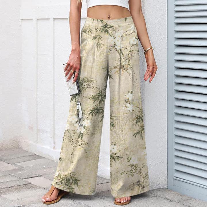 Buddha Stones Pantalones de mujer de algodón y lino con estampado de hojas de bambú, cintura elástica y pernera ancha con bolsillos. - image 1