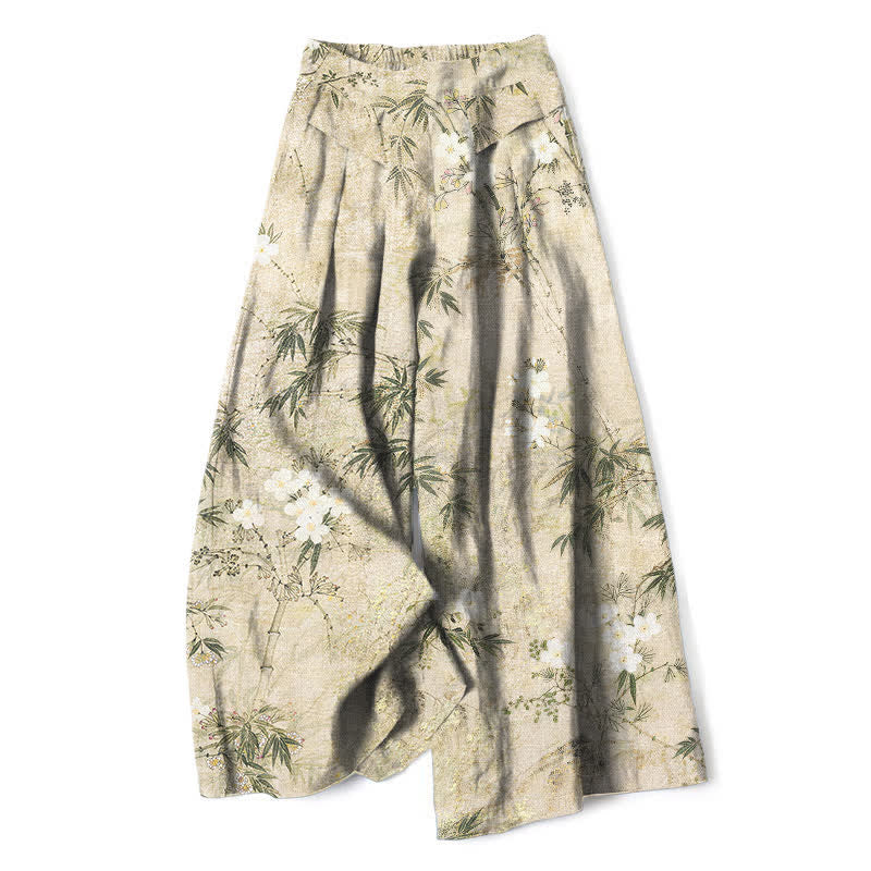 Buddha Stones Pantalones de mujer de algodón y lino con estampado de hojas de bambú, cintura elástica y pernera ancha con bolsillos. - Beige - US16，UK/AU20，EU48 (3XL) - image 0