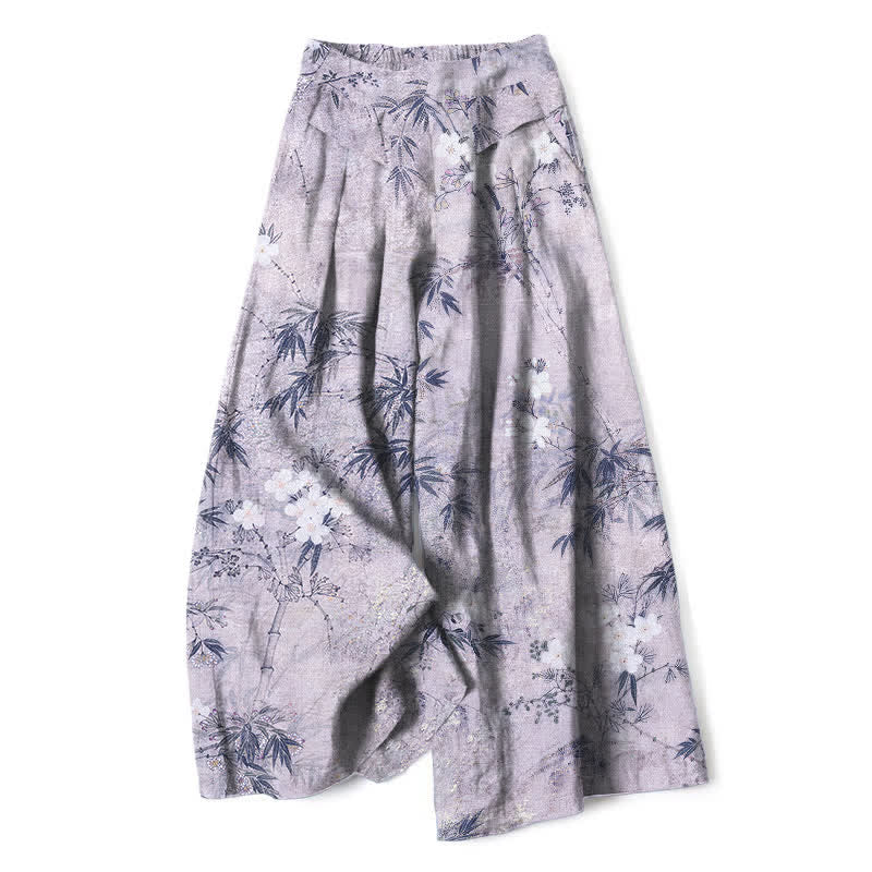 Buddha Stones Pantalones de mujer de algodón y lino con estampado de hojas de bambú, cintura elástica y pernera ancha con bolsillos. - Lavanda - US16，UK/AU20，EU48 (3XL) - image 4