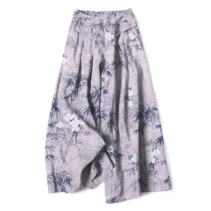 Buddha Stones Pantalones de mujer de algodón y lino con estampado de hojas de bambú, cintura elástica y pernera ancha con bolsillos. - Lavanda - US16，UK/AU20，EU48 (3XL) - image 4