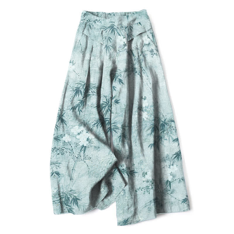 Buddha Stones Pantalones de mujer de algodón y lino con estampado de hojas de bambú, cintura elástica y pernera ancha con bolsillos. - Turquesa pálido - US16，UK/AU20，EU48 (3XL) - image 6