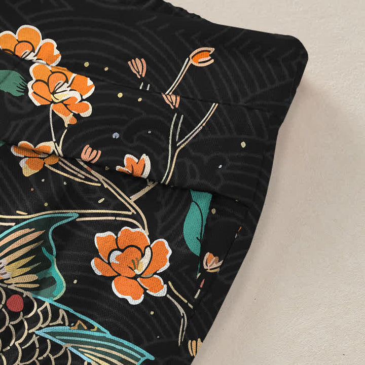 Buddha Stones Pantalones de mujer de algodón y lino con estampado floral de peces koi, cintura elástica y pernera ancha con bolsillos. - image 2