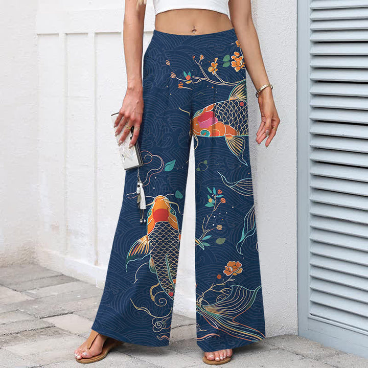 Buddha Stones Pantalones de mujer de algodón y lino con estampado floral de peces koi, cintura elástica y pernera ancha con bolsillos. - image 5