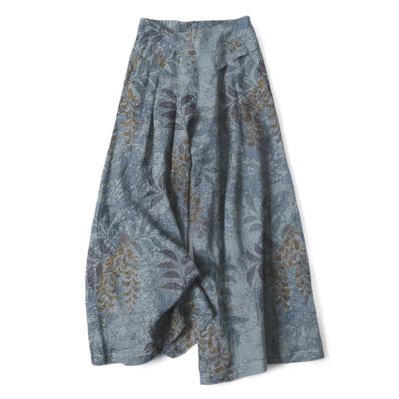 Buddha Stones Pantalones de mujer de lino y algodón con estampado vintage de hojas, cintura elástica y pernera ancha con bolsillos. - Gris pizarra claro - US16，UK/AU20，EU48 (3XL) - image 0