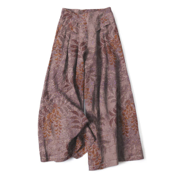 Buddha Stones Pantalones de mujer de lino y algodón con estampado vintage de hojas, cintura elástica y pernera ancha con bolsillos. - Marrón rosado - US16，UK/AU20，EU48 (3XL) - image 4