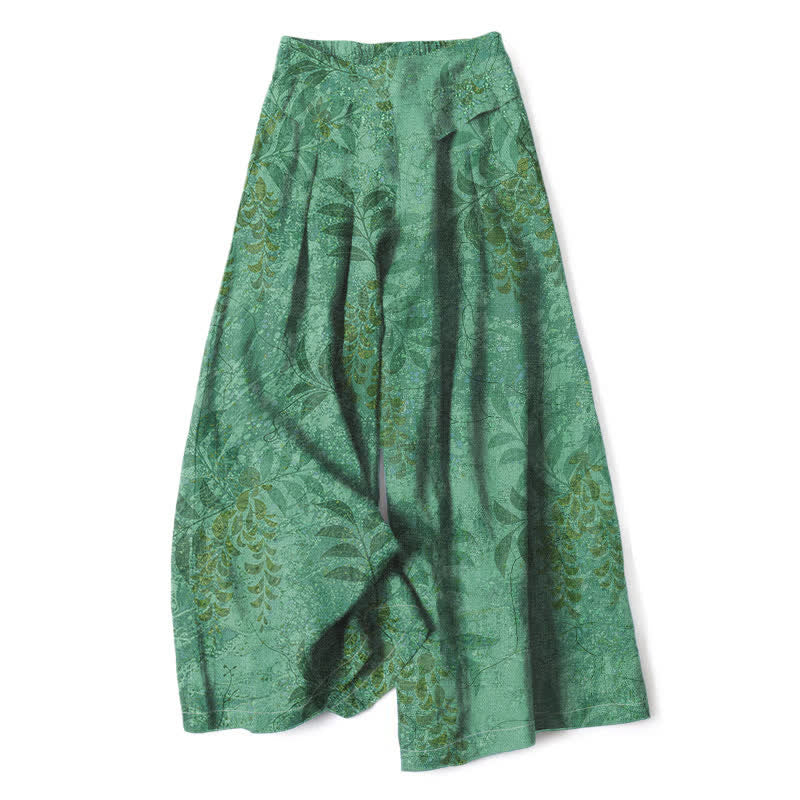 Buddha Stones Pantalones de mujer de lino y algodón con estampado vintage de hojas, cintura elástica y pernera ancha con bolsillos. - Verde mar medio - US16，UK/AU20，EU48 (3XL) - image 6