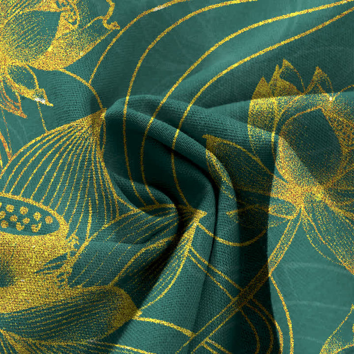 Buddha Stones Pantalones de mujer de algodón y lino con estampado de loto dorado, cintura elástica y pernera ancha con bolsillos. - image 3