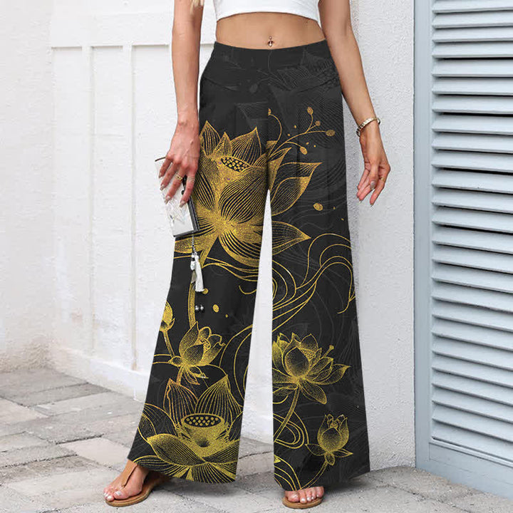 Buddha Stones Pantalones de mujer de algodón y lino con estampado de loto dorado, cintura elástica y pernera ancha con bolsillos. - image 5