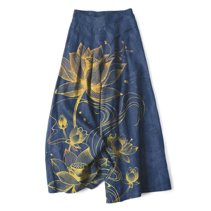 Buddha Stones Pantalones de mujer de algodón y lino con estampado de loto dorado, cintura elástica y pernera ancha con bolsillos. - Marina de guerra - US16，UK/AU20，EU48 (3XL) - image 6