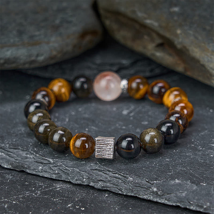 Buddha Stones Pulsera protectora de cuentas de cuarzo con inclusiones de obsidiana y brillo dorado ojo de tigre - Obsidiana ojo de tigre con brillo dorado (circunferencia de la muñeca: 16-17 cm) - image 0