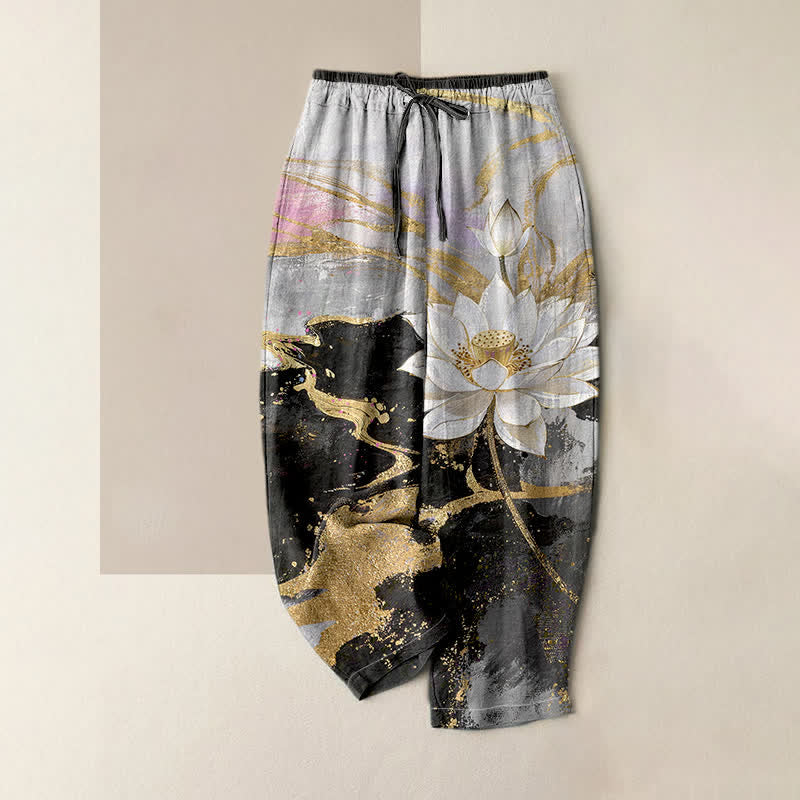 Buddha Stones Pantalones de mujer de algodón puro con estampado Lotus Ink Wash, cintura elástica y bolsillos. - Negro - US16，UK/AU20，EU48 (3XL) - image 0