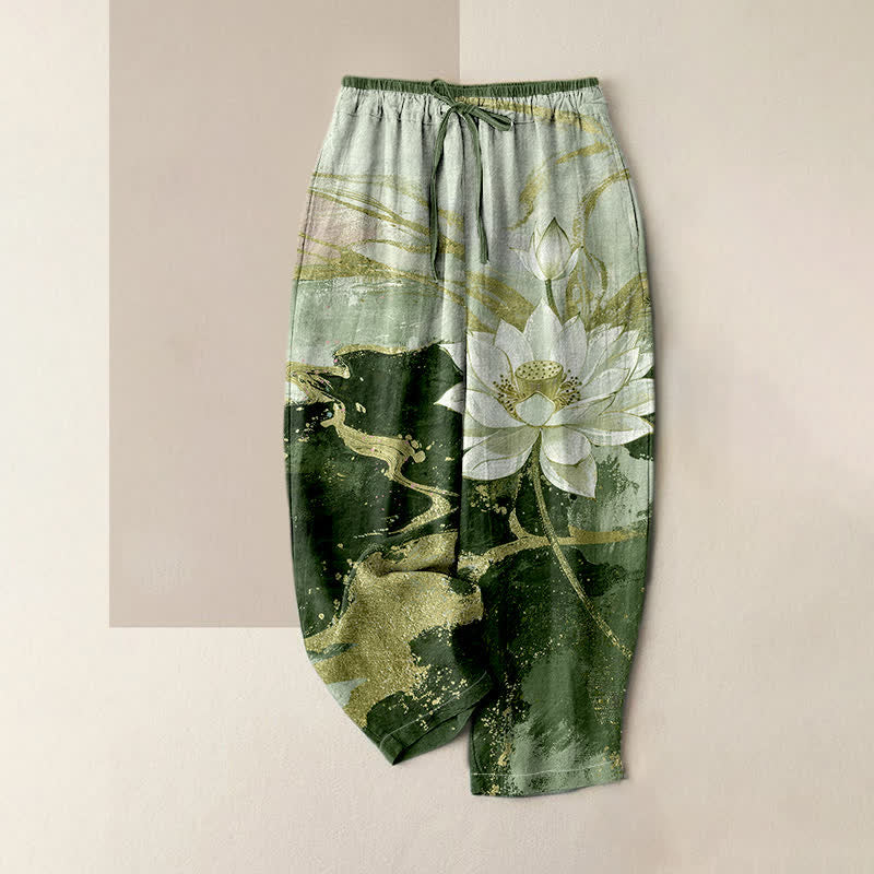 Buddha Stones Pantalones de mujer de algodón puro con estampado Lotus Ink Wash, cintura elástica y bolsillos. - Verde oliva - US16，UK/AU20，EU48 (3XL) - image 3
