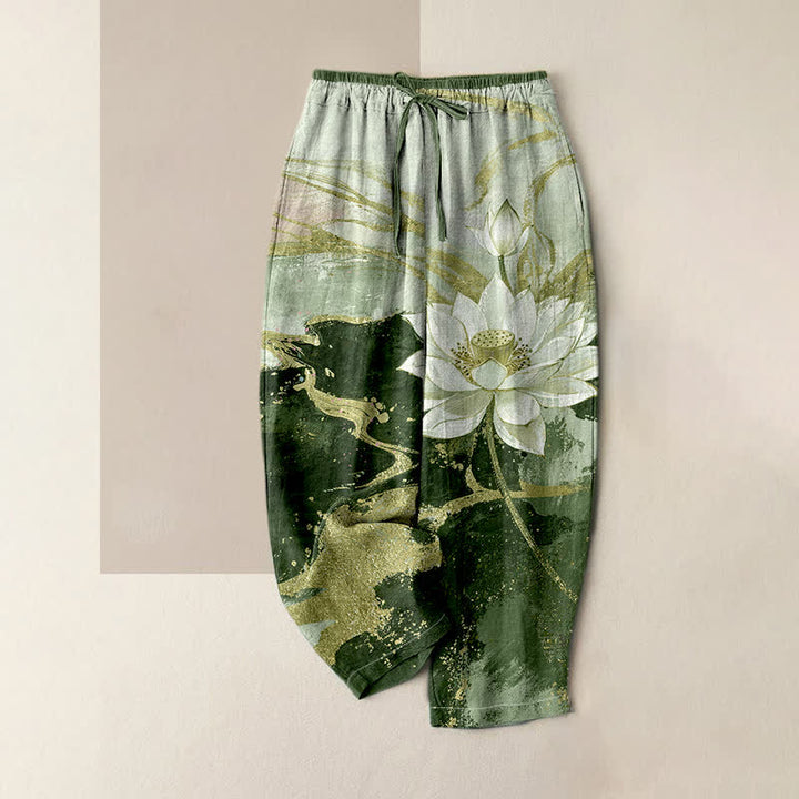 Buddha Stones Pantalones de mujer de algodón puro con estampado Lotus Ink Wash, cintura elástica y bolsillos. - Verde oliva - US16，UK/AU20，EU48 (3XL) - image 3