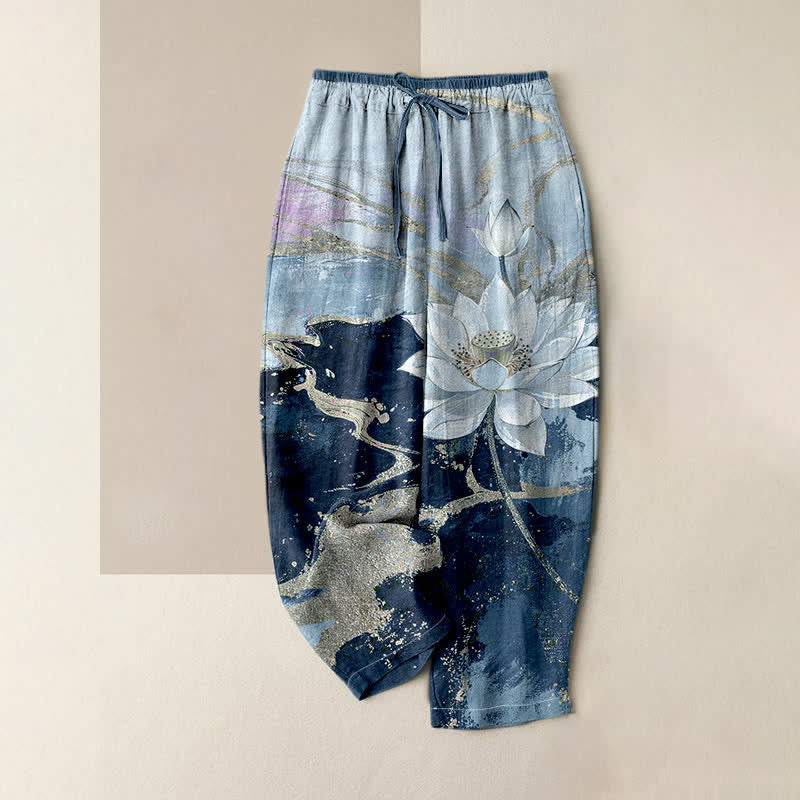 Buddha Stones Pantalones de mujer de algodón puro con estampado Lotus Ink Wash, cintura elástica y bolsillos. - Azul acero - US16，UK/AU20，EU48 (3XL) - image 4