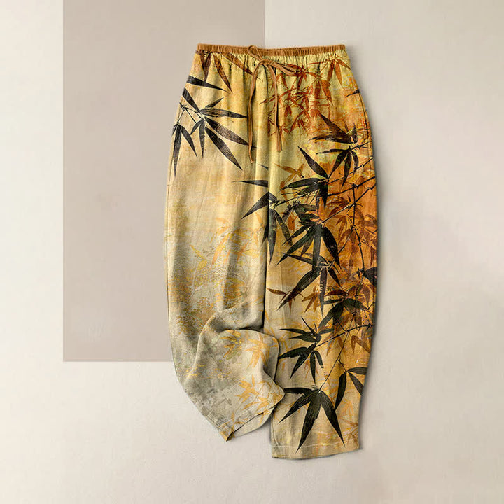 Buddha Stones Pantalones de mujer de algodón puro con estampado de bambú y cintura elástica, con bolsillos. - Oro - US16，UK/AU20，EU48 (3XL) - image 3