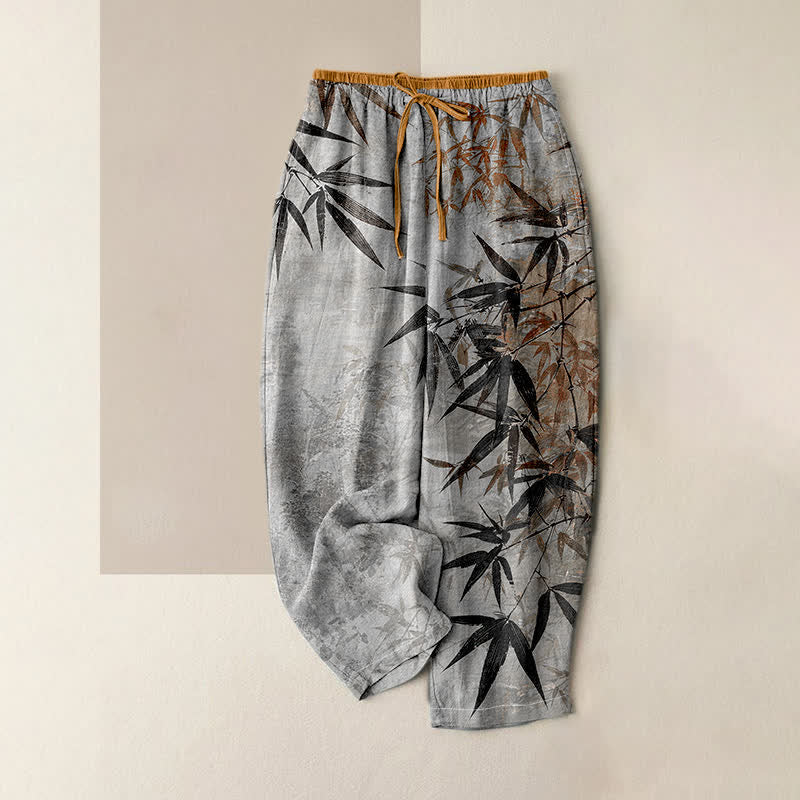 Buddha Stones Pantalones de mujer de algodón puro con estampado de bambú y cintura elástica, con bolsillos. - Gris claro - US16，UK/AU20，EU48 (3XL) - image 4