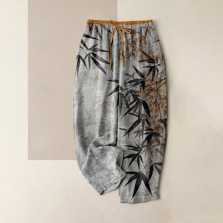 Buddha Stones Pantalones de mujer de algodón puro con estampado de bambú y cintura elástica, con bolsillos. - Gris claro - US16，UK/AU20，EU48 (3XL) - image 4