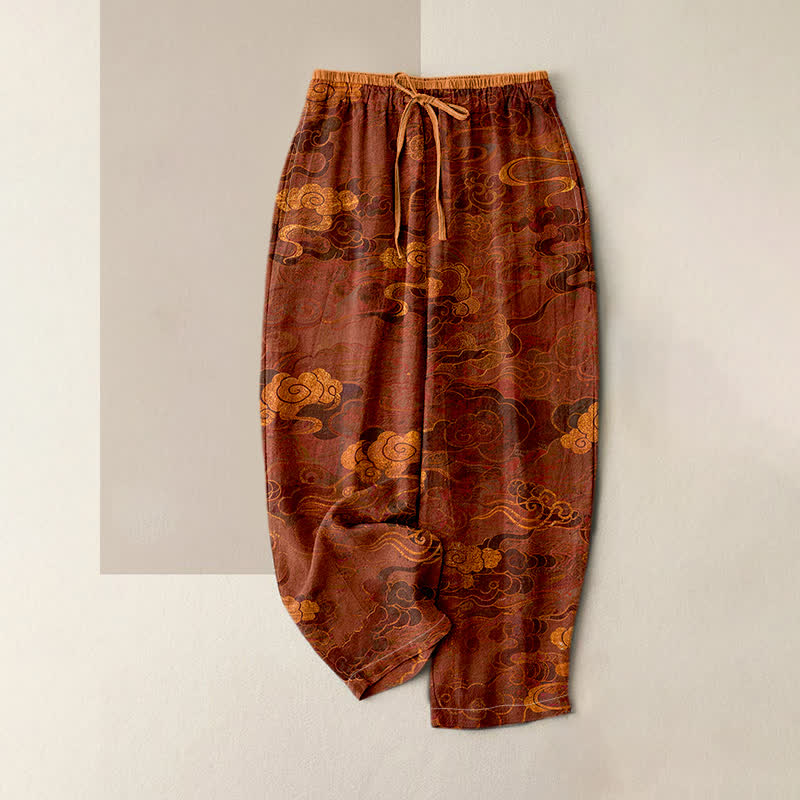Buddha Stones Pantalones de mujer de algodón puro con estampado de nubes orientales, cintura elástica y bolsillos. - Granate - US16，UK/AU20，EU48 (3XL) - image 0