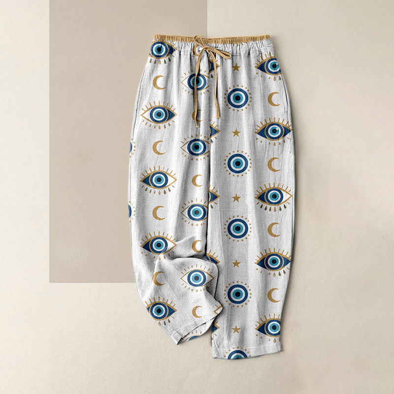 Buddha Stones Pantalones de mujer de algodón puro con estampado de ojo turco místico y cintura elástica con bolsillos. - Blanco - US16，UK/AU20，EU48 (3XL) - image 3
