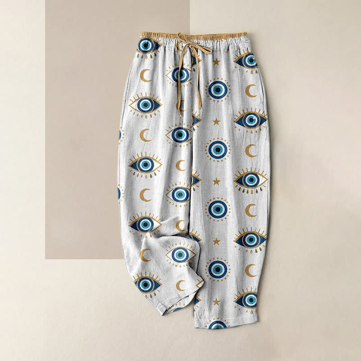 Buddha Stones Pantalones de mujer de algodón puro con estampado de ojo turco místico y cintura elástica con bolsillos. - Blanco - US16，UK/AU20，EU48 (3XL) - image 3