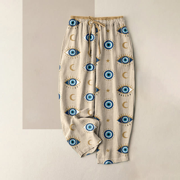 Buddha Stones Pantalones de mujer de algodón puro con estampado de ojo turco místico y cintura elástica con bolsillos. - Beige - US16，UK/AU20，EU48 (3XL) - image 4