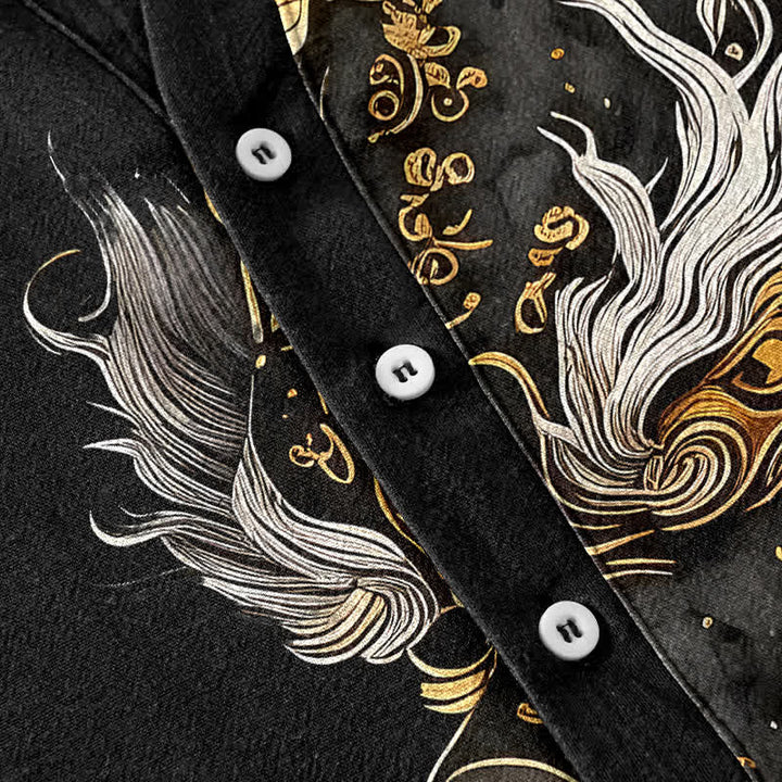 Buddha Stones Camisa de manga corta con medio botón y estampado de dragón dorado de algodón para hombre - image 3