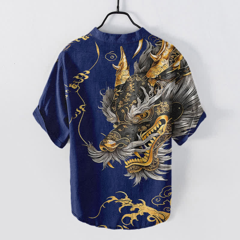 Buddha Stones Camisa de manga corta con medio botón y estampado de dragón dorado de algodón para hombre - image 6