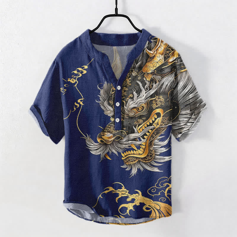 Buddha Stones Camisa de manga corta con medio botón y estampado de dragón dorado de algodón para hombre - Marina de guerra - US/UK/AU50, EU60 (5XL) - image 5