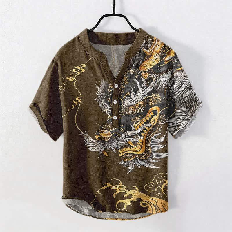 Buddha Stones Camisa de manga corta con medio botón y estampado de dragón dorado de algodón para hombre - Marrón silla de montar - US/UK/AU50, EU60 (5XL) - image 7