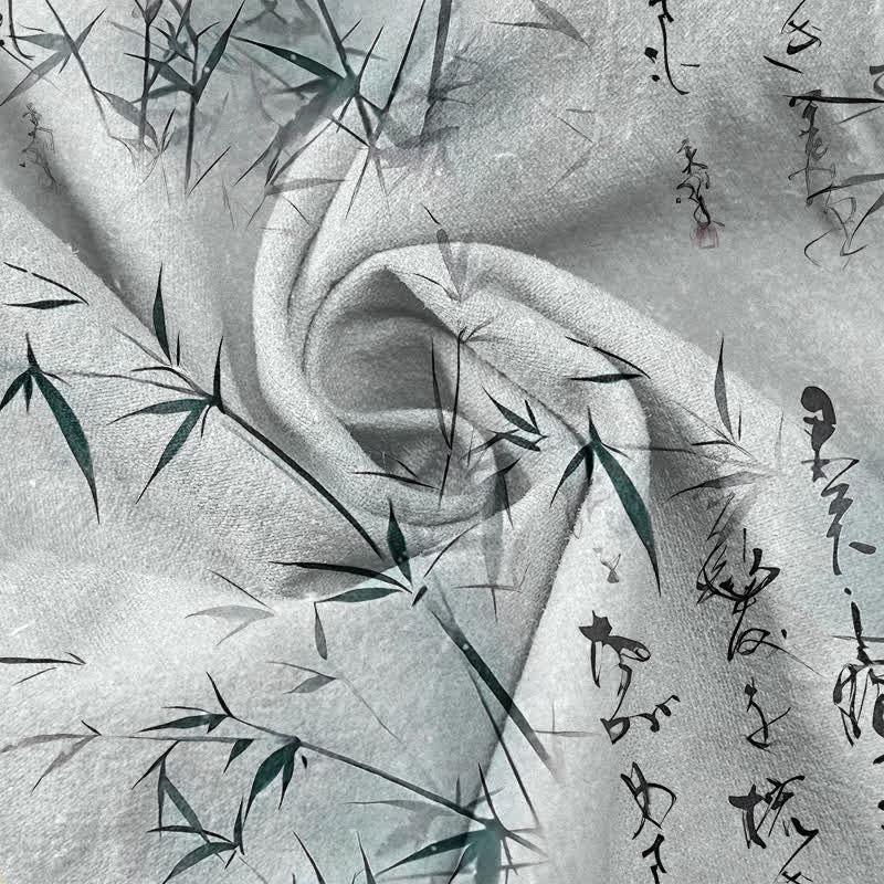 Buddha Stones Camisa de manga corta con medio botón para hombre, con estampado de caligrafía de bambú y tinta de algodón. - image 2