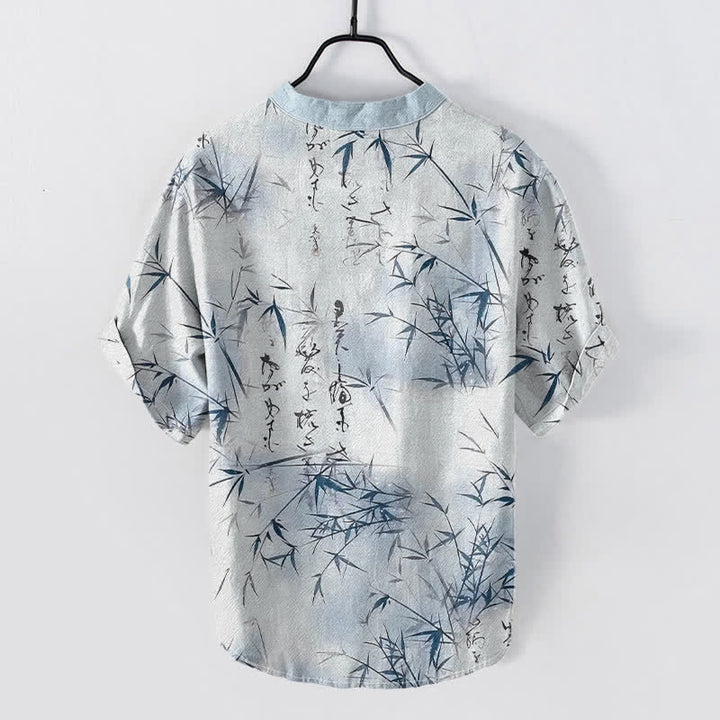 Buddha Stones Camisa de manga corta con medio botón para hombre, con estampado de caligrafía de bambú y tinta de algodón. - image 4