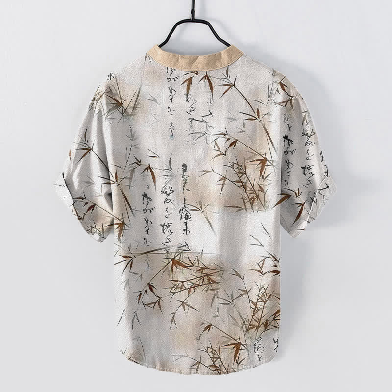 Buddha Stones Camisa de manga corta con medio botón para hombre, con estampado de caligrafía de bambú y tinta de algodón. - image 6