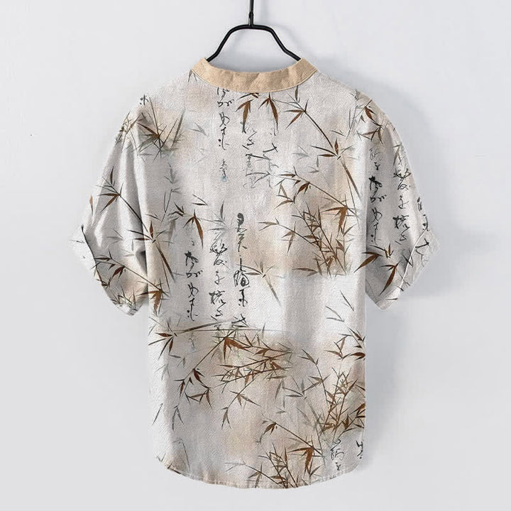 Buddha Stones Camisa de manga corta con medio botón para hombre, con estampado de caligrafía de bambú y tinta de algodón. - image 6
