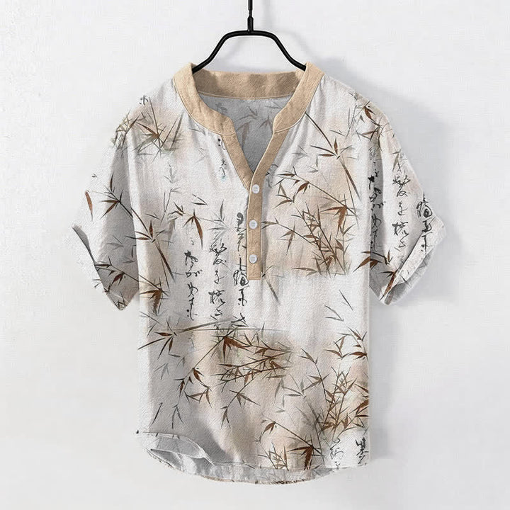 Buddha Stones Camisa de manga corta con medio botón para hombre, con estampado de caligrafía de bambú y tinta de algodón. - Lino - US/UK/AU50, EU60 (5XL) - image 5