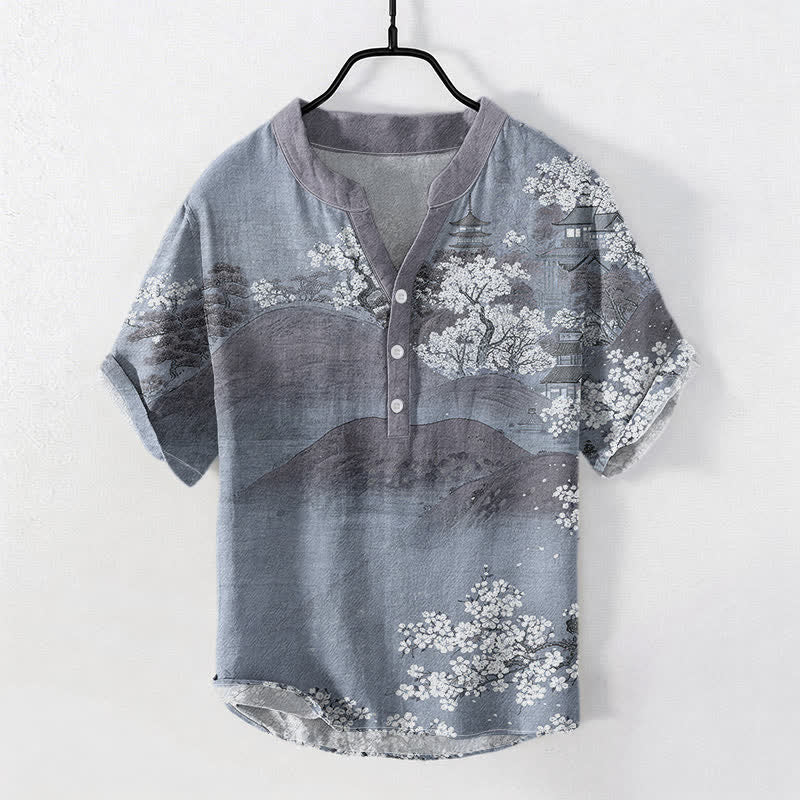 Buddha Stones Camisa de manga corta con medio botón para hombre con estampado de flores de Cotton Mountain - Gris pizarra claro - US/UK/AU50, EU60 (5XL) - image 3