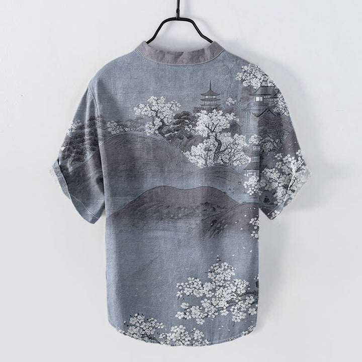 Buddha Stones Camisa de manga corta con medio botón para hombre con estampado de flores de Cotton Mountain - image 4