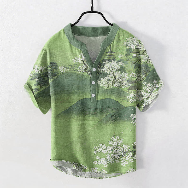 Buddha Stones Camisa de manga corta con medio botón para hombre con estampado de flores de Cotton Mountain - Verde claro - US/UK/AU50, EU60 (5XL) - image 5