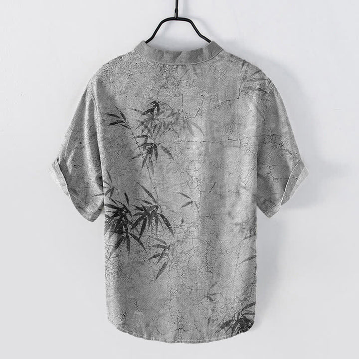 Buddha Stones Camisa de manga corta con medio botón para hombre, con estampado de hojas de bambú y tinta de algodón. - image 6