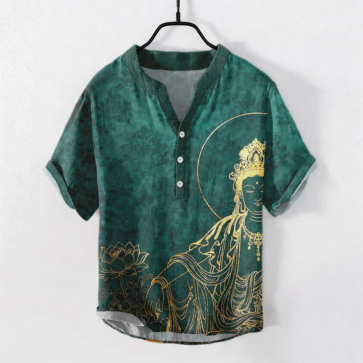 Buddha Stones Camisa de manga corta con medio botón para hombre, de algodón, con estampado de Buda dorado y loto. - Verdemar - US/UK/AU50, EU60 (5XL) - image 0