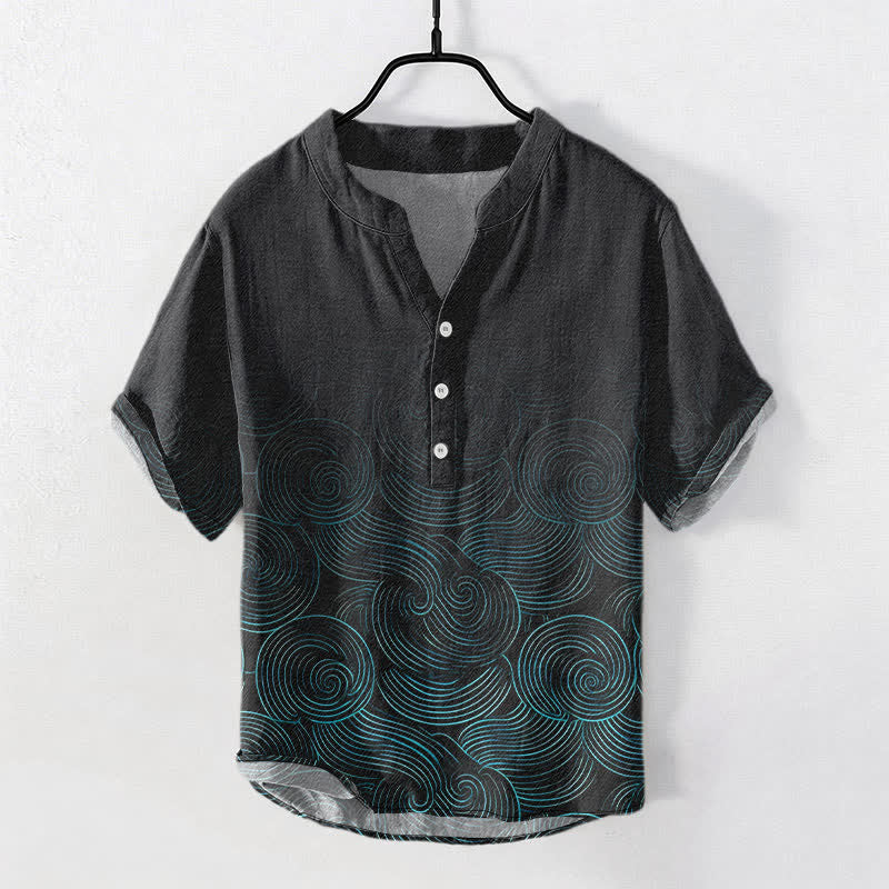 Buddha Stones Camisa de manga corta con medio botón y estampado de ondas concéntricas de algodón para hombre - Negro - US/UK/AU50, EU60 (5XL) - image 0