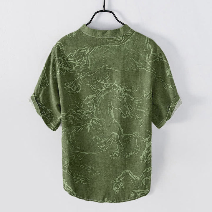 Buddha Stones Camisa de manga corta con medio botón para hombre, de algodón, con estampado de caballo al galope. - image 1