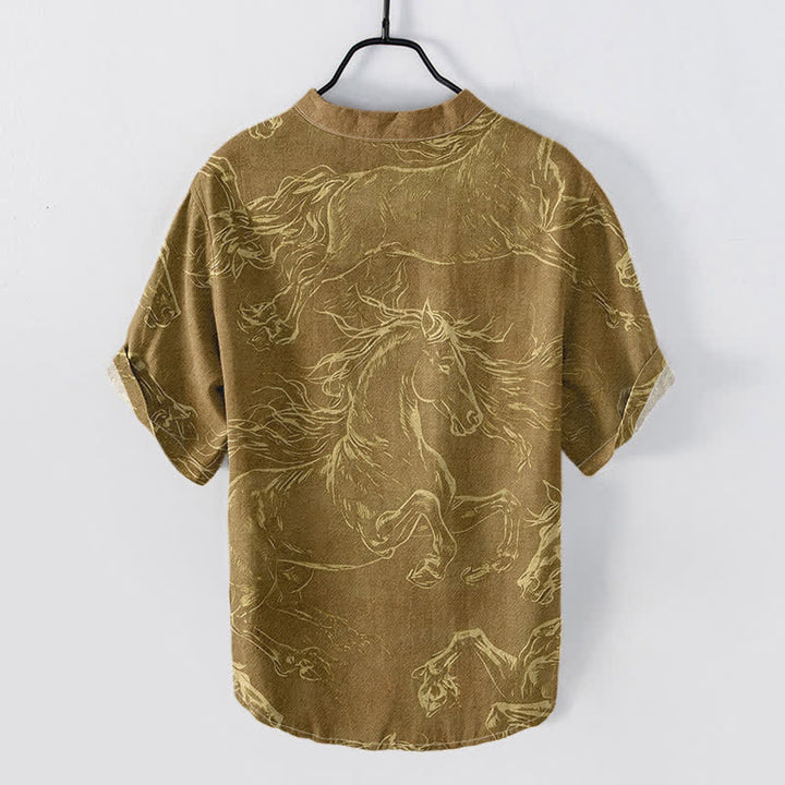 Buddha Stones Camisa de manga corta con medio botón para hombre, de algodón, con estampado de caballo al galope. - image 4