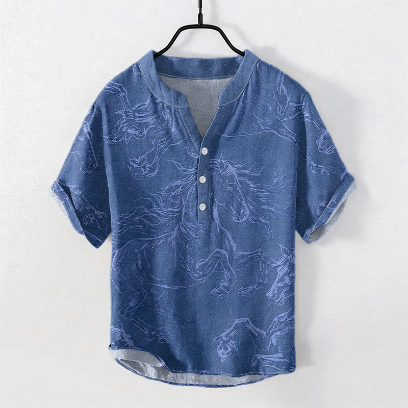 Buddha Stones Camisa de manga corta con medio botón para hombre, de algodón, con estampado de caballo al galope. - Azul acero - US/UK/AU50, EU60 (5XL) - image 5