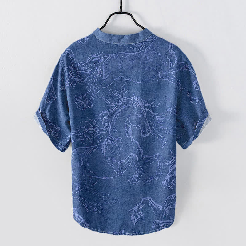 Buddha Stones Camisa de manga corta con medio botón para hombre, de algodón, con estampado de caballo al galope. - image 6