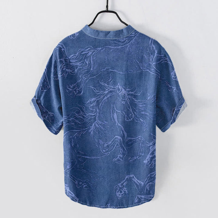 Buddha Stones Camisa de manga corta con medio botón para hombre, de algodón, con estampado de caballo al galope. - image 6