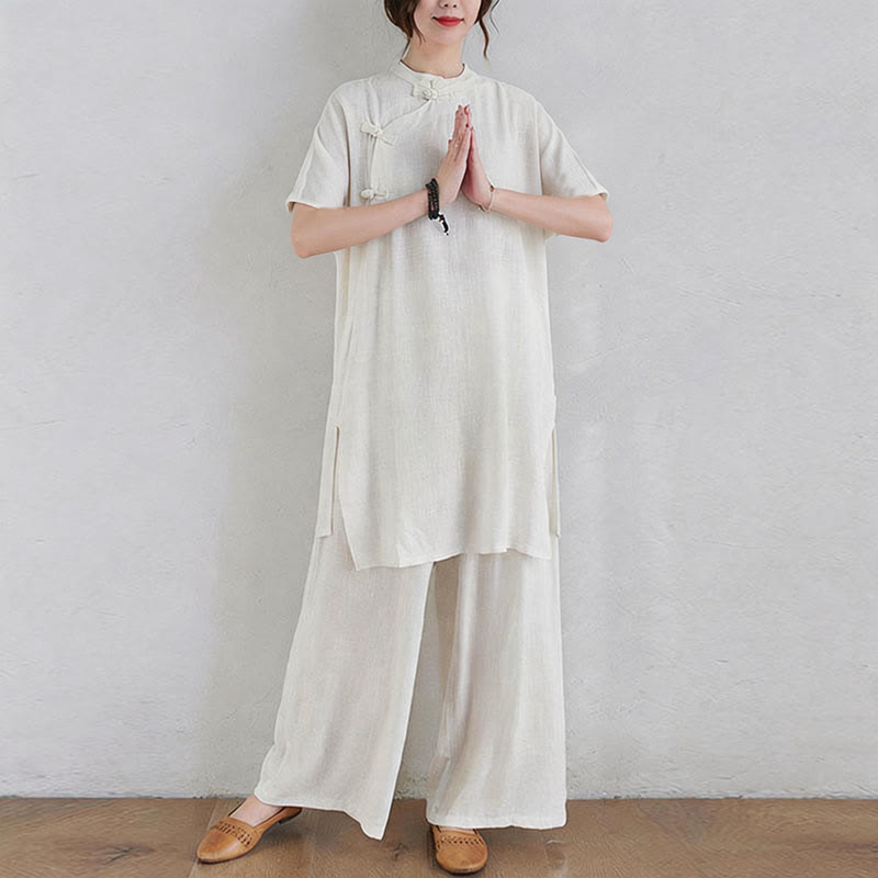 Conjunto de 2 piezas de ropa de meditación Zen Tai Chi con diseño liso de Buddha Stones, pantalones superiores de lino y algodón para mujer - image 15