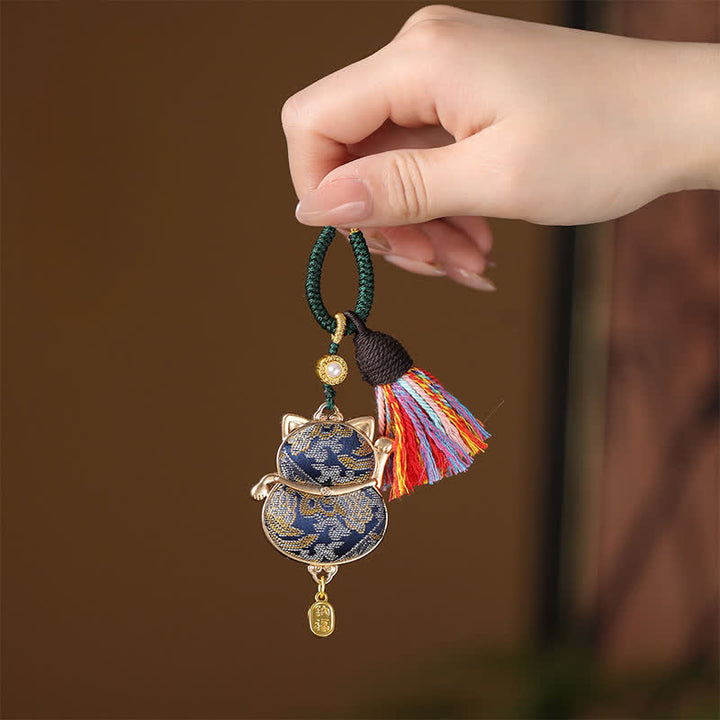 Buddha Stones Llavero con borla Song Brocade Lucky Cat Wealth - Azul oscuro - image 4