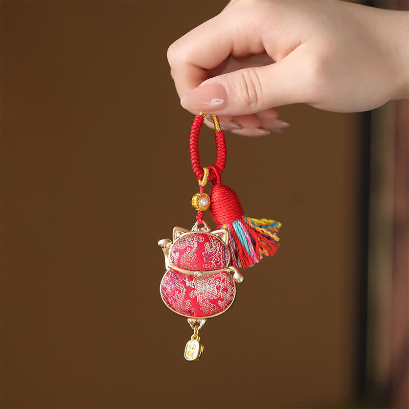 Buddha Stones Llavero con borla Song Brocade Lucky Cat Wealth - Rojo - image 0