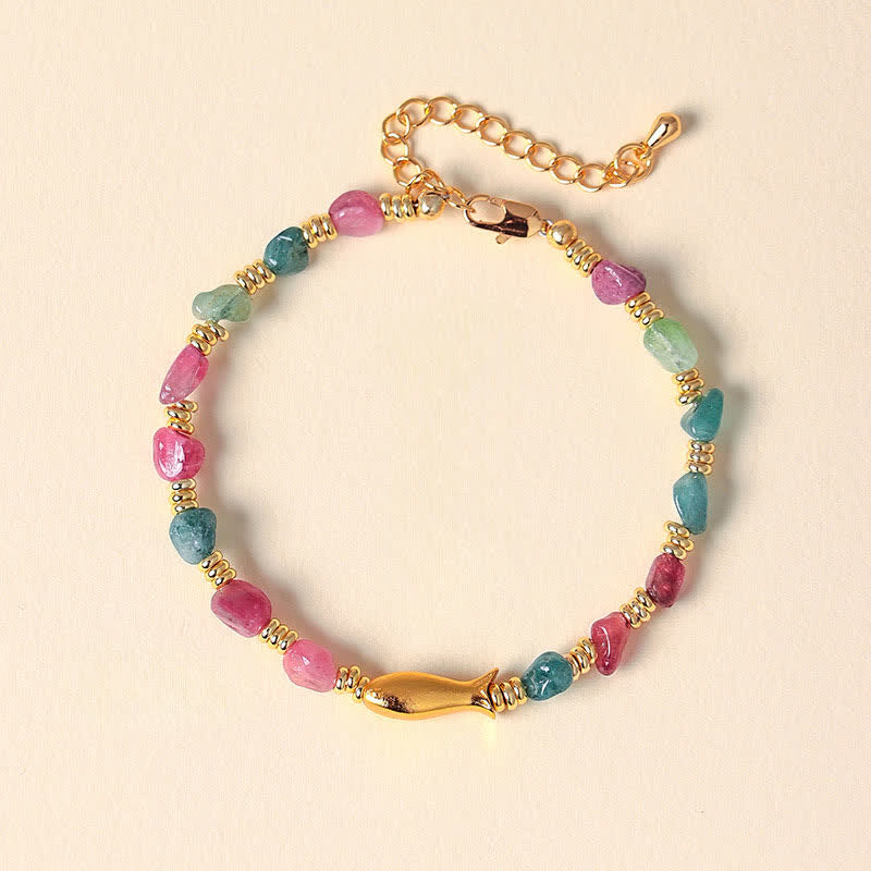 Buddha Stones Pulsera de turmalina arcoíris con diseño de pez koi y corte rústico. - Peces Koi (Éxito ♥ Determinación) - Turmalina (Amor Positivo♥) - image 0
