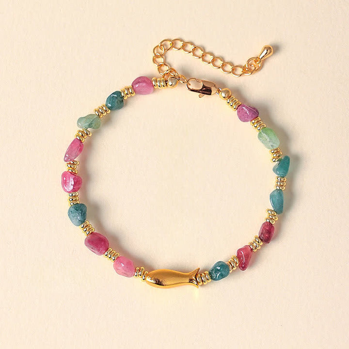 Buddha Stones Pulsera de turmalina arcoíris con diseño de pez koi y corte rústico. - Peces Koi (Éxito ♥ Determinación) - Turmalina (Amor Positivo♥) - image 0